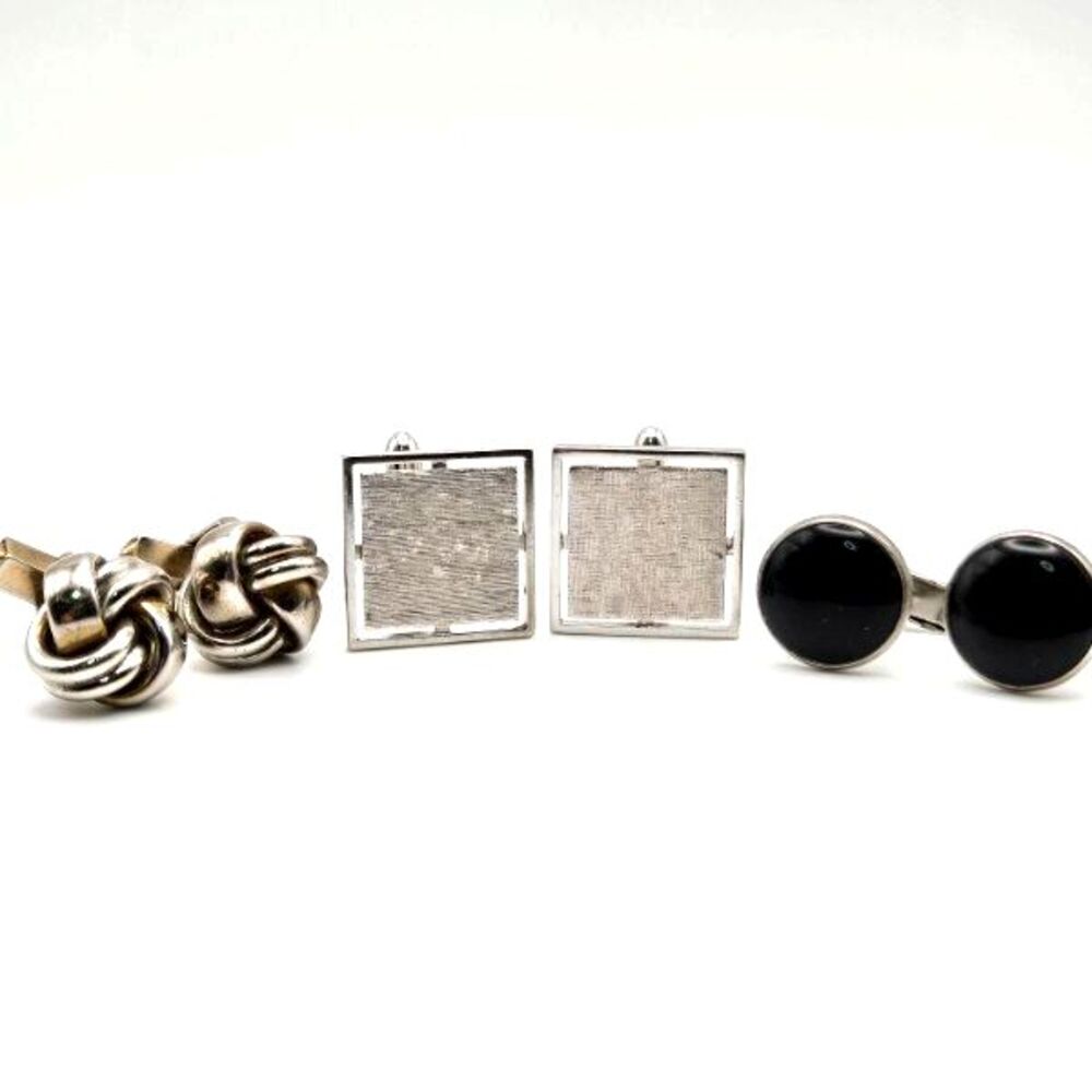 Lot of 3 Pair of Vintage Men's Cuff Links Silvertone Knot Brushed Geometric Onyx